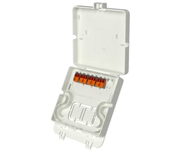 Åben tilslutningsboks til Ebeco Wallflex varmepanelet med WAGO 221 klemmer til nem installation af 230V ledninger.