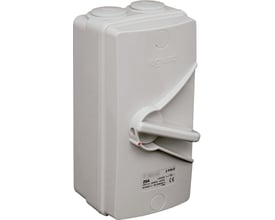 Legrand sikkerhedsafbryder i hvid plast, 32A, 440V, IP66, med frontbetjening og aflåseligt håndtag, klar til montering.