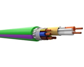 Hybrid Marine Kabel CHMS (I) med udvendig grøn kappe og lilla bånd, viser indre ledere som kobbertråde med isolering i forskellige farver.