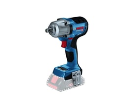 Detaljeret billede af Bosch GDS 18V-450 HC slagnøgle, der viser mærke logoet, værktøjsholder og ergonomisk greb.