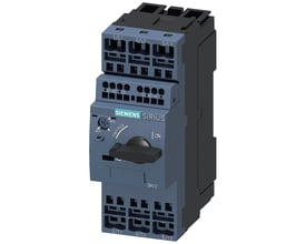 Siemens SIRIUS 3RV2 motorværn i størrelse S0 med justeringsområde 0,45-0,63A og fjederterminaler, tydeligt mærket med 'ON' og 'TRIPPED'.