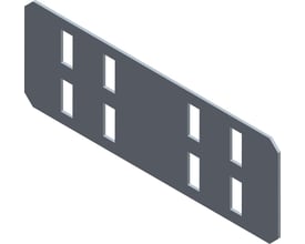 Isometrisk visning af Lauritz Knudsen samlebeslag til gitterbakker, 150 mm langt og 60 mm højt i Zinc+ stål.