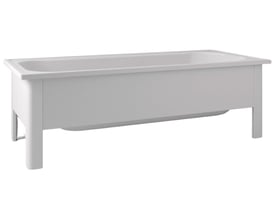 Svedbergs hvidt rektangulært badekar i emaljeret stål, 1300x700 mm, med synlige ben og monteringsbeslag.