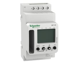 Schneider Electric digitalt kontaktur, IHP 2C, med knapper og display. Nærbillede af betjeningspanelet og skrueterminaler på siden.