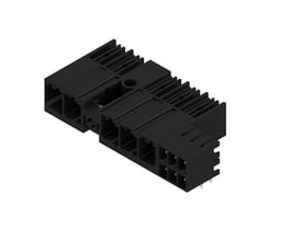 Weidmüllers sorte 5-polede hybridconnector til printkort, 7,62 mm og 90° afgang, set skråt med åbningerne synlige.