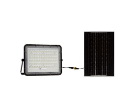 V-TAC 120W LED solar projektør og separat solpanel forbundet med 3 meter kabel, vist på hvid baggrund.