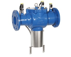 Resideo Braukmann DN200 BA300 tilbagestrømningssikringsventil i blå duktiljern med PN10 flange og rustfri stålkappe.