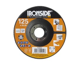 Ironside grov polerrondel, 125 x 22 mm, med mørk rund skive, orange mærkning og centralt hul.