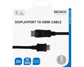 Emballagen til Deltaco DisplayPort til HDMI-kabel i sort, 2 meter, med stik og oplysninger om 4K ved 30 Hz.