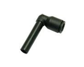 Parker Hannifin lang indstiks vinkel 3184 med 4mm tilslutning i sort teknisk polymer på hvid baggrund.