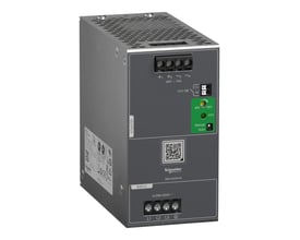 Schneider Electric Modicon ABLU strømforsyning med 48V, 10A udgang og 380-500V AC indgang, vist med frontpanel og terminaler.