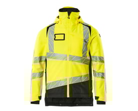 Mascot Hi-Vis vinterjakke i gul og sort, størrelse XXL, med reflekser, tapede sømme og aftagelig hætte.
