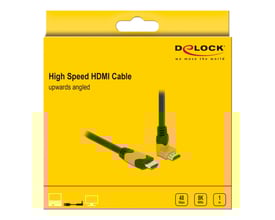 DeLock High Speed HDMI kabel med 90 graders opadgående vinkel, 1 meter langt og sort, vist på gul emballage med tekniske specifikationer.