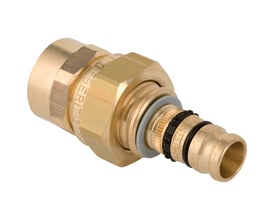 Geberit Mepla union med indvendigt gevind, 32mm til 1" Rp og 1 1/4" G gevind i messing, vist med 20x2.5 markering.