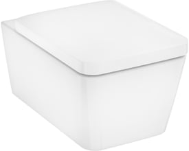 Et komplet Hansgrohe EluPura Q væghængt toilet i hvidt porcelæn med lukket toiletsæde og låg på hvid baggrund.
