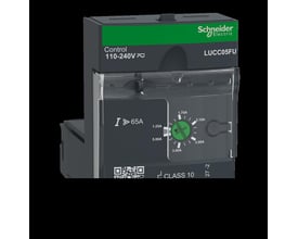 Schneider Electric TeSys LUCC05FU strømmodul med 110-240V kontrolspænding, indstillelig 1,25-5A og CLASS 10 mærkning.