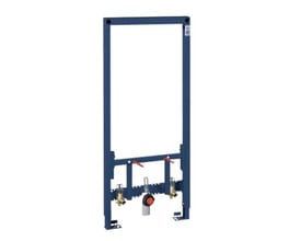 Frontvisning af Grohe Rapid SL bidet installationselement i blå metalramme med synlige tilslutninger og justeringsskruer.
