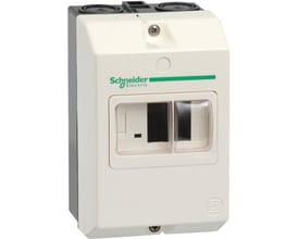 Nærbillede af Schneider Electric motorværnskasse, der viser IP55 mærkning og de dobbelte betjeningsvinduer.