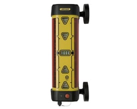 Leica LMR360 maskinsensor med tydeligt LED-display og grønne lysindikatorer, vist direkte forfra med monteringsbeslag.