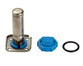 Nærbillede af Danfoss reservedelssæt til EV220B, viser tydeligt stempel, blåt låg med 'Danfoss Splendid Valve Denmark' og sort O-ring.