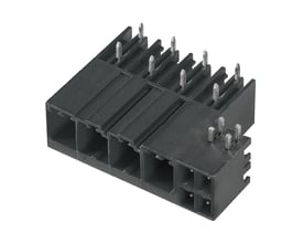 Weidmüller hybrid-printkorttilslutning med sort stikdel og metalben, 2 poler, 7,62 mm afstand og 270° udgangsvinkel.