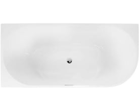 Oversigtsbillede af et hvidt akryl badekar i Back To Wall design med krom pop-up bundventil og overløb, set ovenfra.