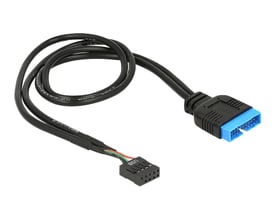 Sort Delock USB 2.0 til USB 3.0 pin header kabel på 45 cm med IDC10 og IDC20 hunstik.