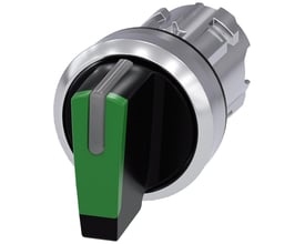 Siemens 22mm rund omskifter i metal med højglans finish og grøn betjeningsknap for 3 positioner.
