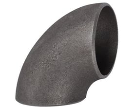 Indura-svejsebøjning 114,3 x 3,6 mm med 90° bøjning og to åbne rørender, set skråt forfra.
