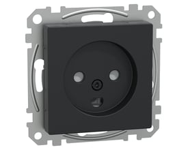 Merten System M stikkontakt i sort med dansk jord og pillesikring, med skrueløse terminaler og metalmonteringsramme.