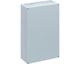 Spelsberg AKL 3-G kasse i lysegrå polystyren, 300 x 450 x 132 mm, med synlige dobbeltmembran-studser på toppen og siden.