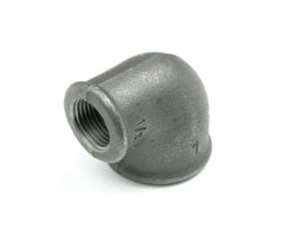 Unico 90-graders sort blødstøbt vinkelrør til rørgevind 1" og ½", fremstillet efter ISO 49.