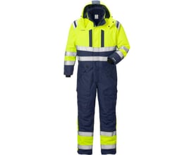 Fuld frontvisning af HI Vis AIRTECH® vinterkedeldragten i gul og marineblå, med hætte og reflekser.