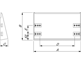 Teknisk tegning af Schneider Electric regntag 500x250 i rustfri 304L med dimensioner A, B, C, D, E og 53 markeret.