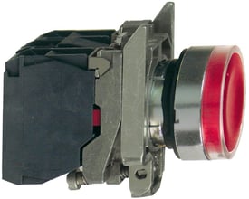 Schneider Electric lampetryk, rød, ø22mm, med 1NO+1NC kontakter og 230V tilslutning set fra siden.