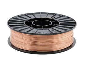 Nærbillede af Esab 5 kg CO2 svejsetråd, 0,8 mm, på en sort plastspole med hvid baggrund.