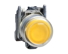Schneider Electric lampetryk med gul LED, Ø 22 mm metalknap og ATEX-godkendelse, vist fra siden.