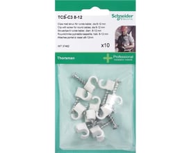 Schneider Electric Thorsman skrueclips TCS-C3 til runde kabler 8-12 mm i hvid, 10 stk. pakke med monteringsdetaljer tydeligt synlige.
