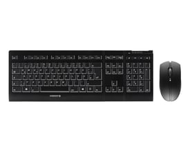 Sort CHERRY B.UNLIMITED 3.0 trådløst tastatur- og musesæt med Pan-Nordic layout, vist ovenfra.