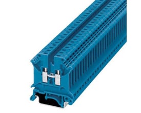 Detaljebillede af Phoenix Contact gennemgangsklemme UK 5 N BU i blå, der viser de to tilslutningspunkter og metalforbindelsen i midten.