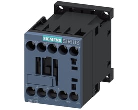 Siemens 3RT20 strømkontaktor, 12A, 400V, 3-polet, med 1NO hjælpekontakt og skrueterminaler, vist med produktnavn og mærkning.