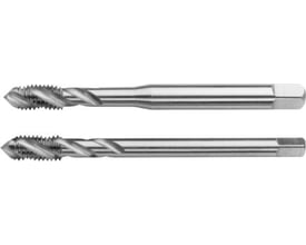 To Thürmer maskinspiral taps i HSSE stål med 35° spiralvinkel og 16 mm diameter, vist på hvid baggrund.