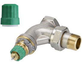 Danfoss RA-DV ventilhus i messing med grøn justeringshætte ved siden af. Måler 3/8" og er forniklet.