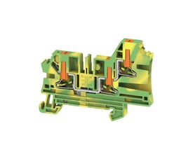 Detaljeret billede af Weidmüller AL3C 4 PE gennemgangsklemme, viser den interne Push-in-mekanisme i gul og grøn.