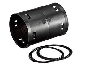 Wavin vandtæt samlemuffe type MT i sort PEH materiale til 75 mm kabelrør, med to tætningsringe.