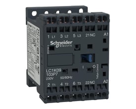 Schneider Electric TeSys K kontaktor 9A, 3P+1NC, 230VAC, model LC1K09103P7, vist fra front med tydelige terminaler og mærkninger.