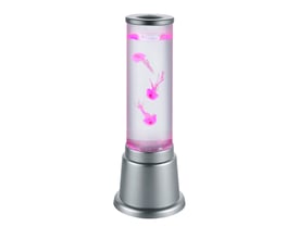 Jelly RGB bordlampe fra TRIO Lighting vist i pink, med en titanfarvet base og cylinderformet glas med lyserøde jellyfish-figurer.