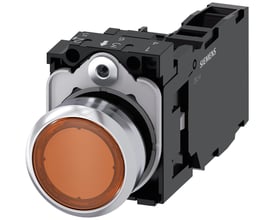Siemens 22mm oplyst trykknap i højglans metal, med rund orange betjeningsflade og tydelig mærkning.