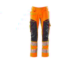 Mascot Hi-Vis orange/mørk marine bukser med knælommer i størrelse 90C54, med reflekser og elastisk materiale.