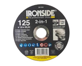 Ironside 2-in-1 skæreskive til stål og rustfrit stål, vist forfra med sort skive og centralt hul.